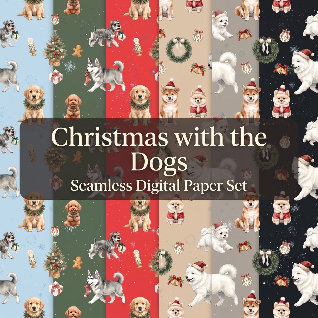 犬たちと過ごす楽しいクリスマス／シームレス・デジタルペーパー６枚セット ／ 背景素材・ラッピング・デジタル手帳・壁紙