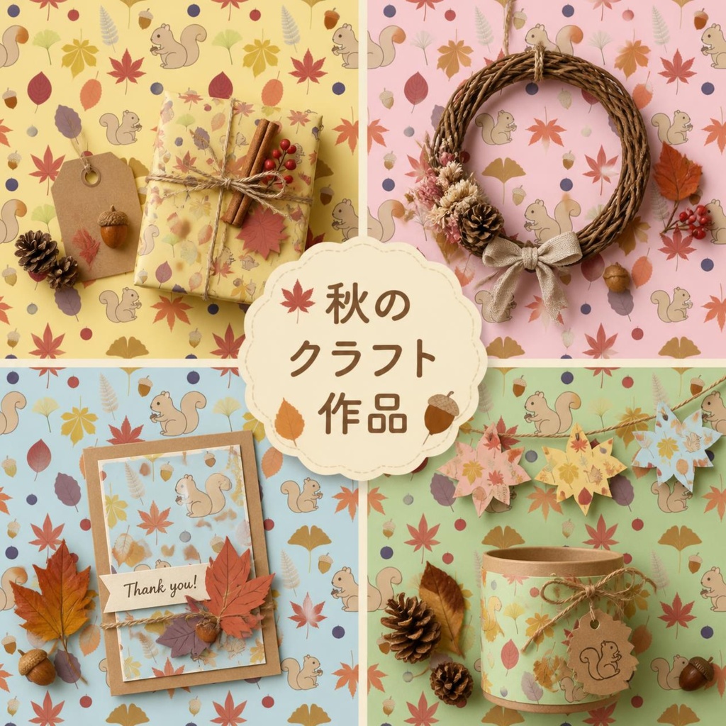 秋・紅葉/リスと木の実のシームレス・デジタルペーパー4枚セット / 背景素材・ラッピング・デジタル手帳・壁紙