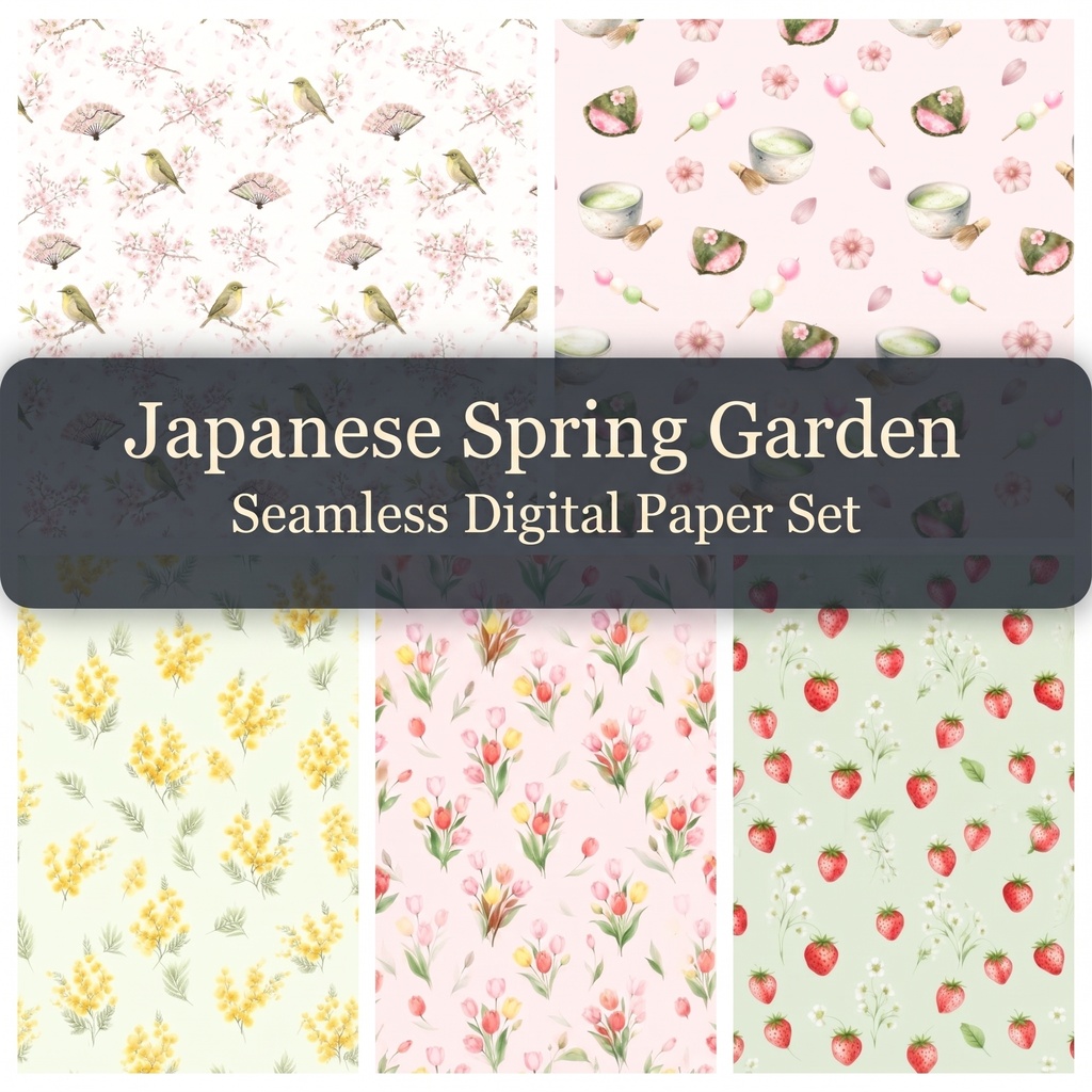 春を彩るデジタルペーパー５種セット（桜、ミモザ、チューリップ、いちごの柄）／シームレス仕様／背景素材・ラッピング・デジタル手帳・壁紙