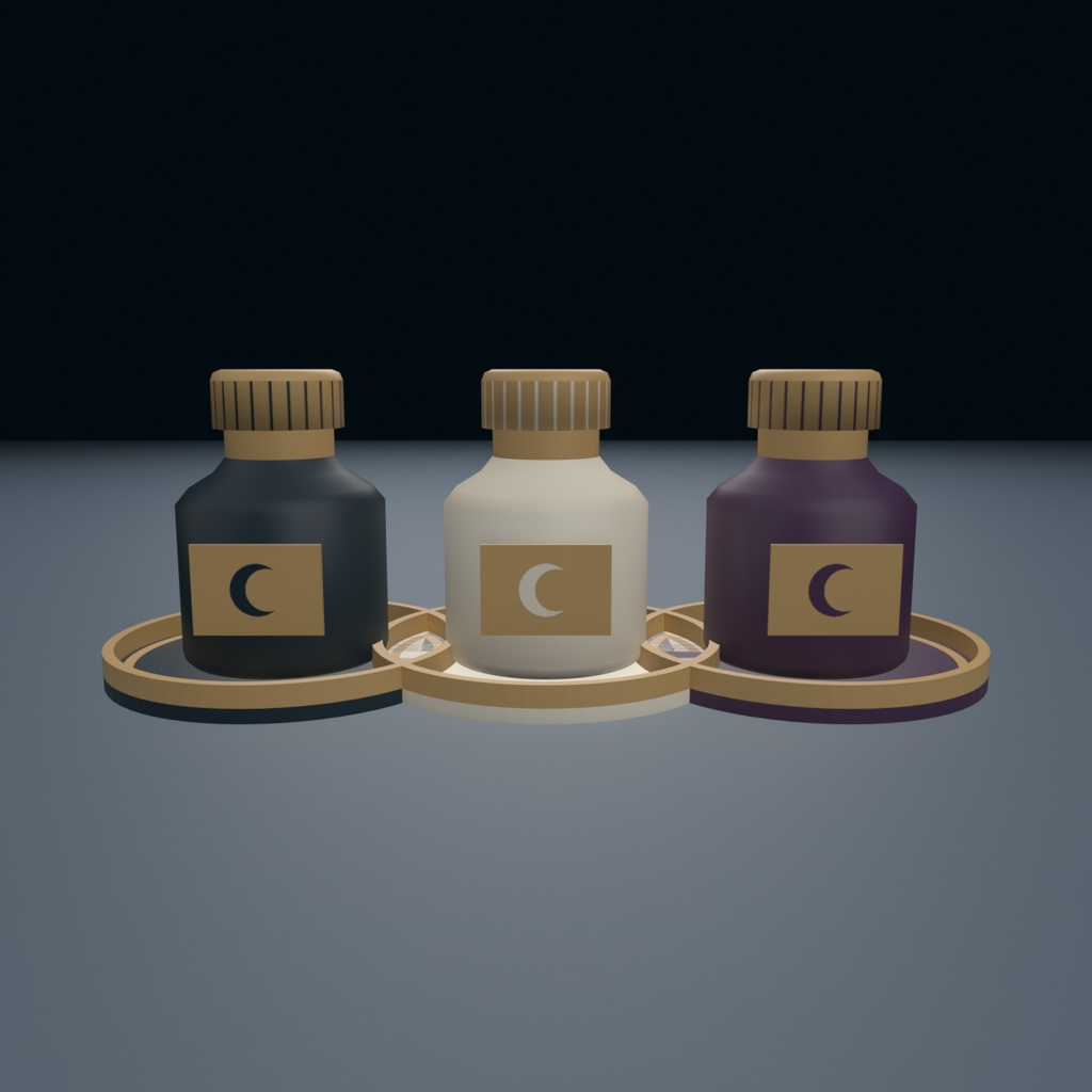 月のインク瓶|受け皿つき 机上の小物 3Dモデル・3色|FBX / GLB / Blender|VRChat ワールド向け