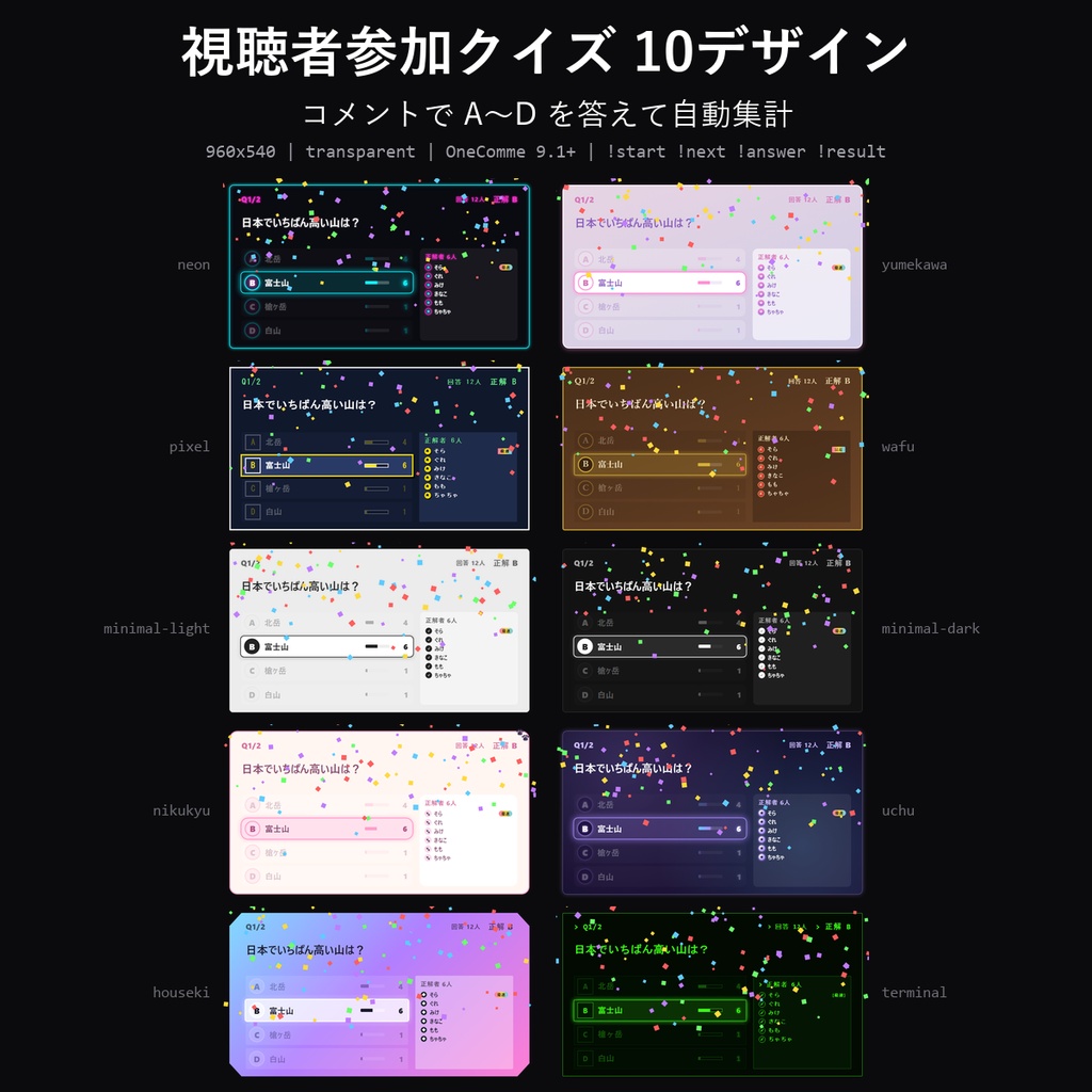【わんコメテンプレート】視聴者参加クイズ 10デザイン｜コメントでA〜Dを答えて自動集計・正解者とランキング表示【OBS/配信ゲーム】