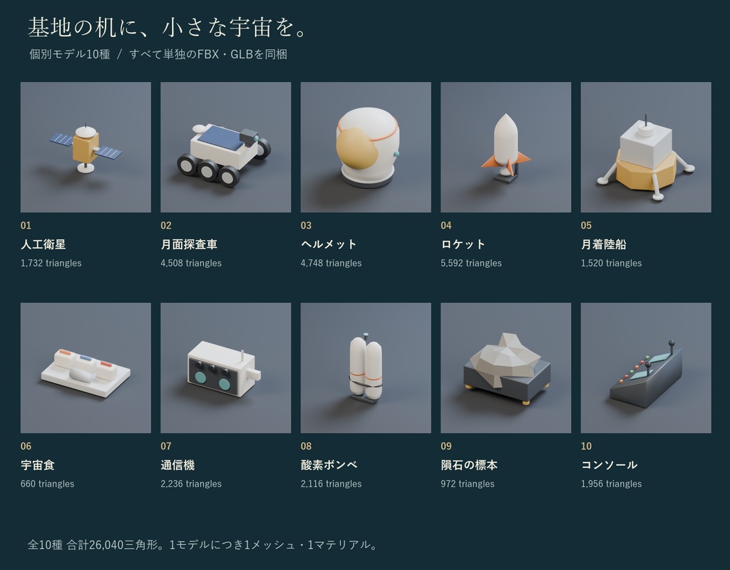 宇宙基地の小物セット|人工衛星・月面探査車・宇宙食 3Dモデル10種・3色|VRChat ワールド向け