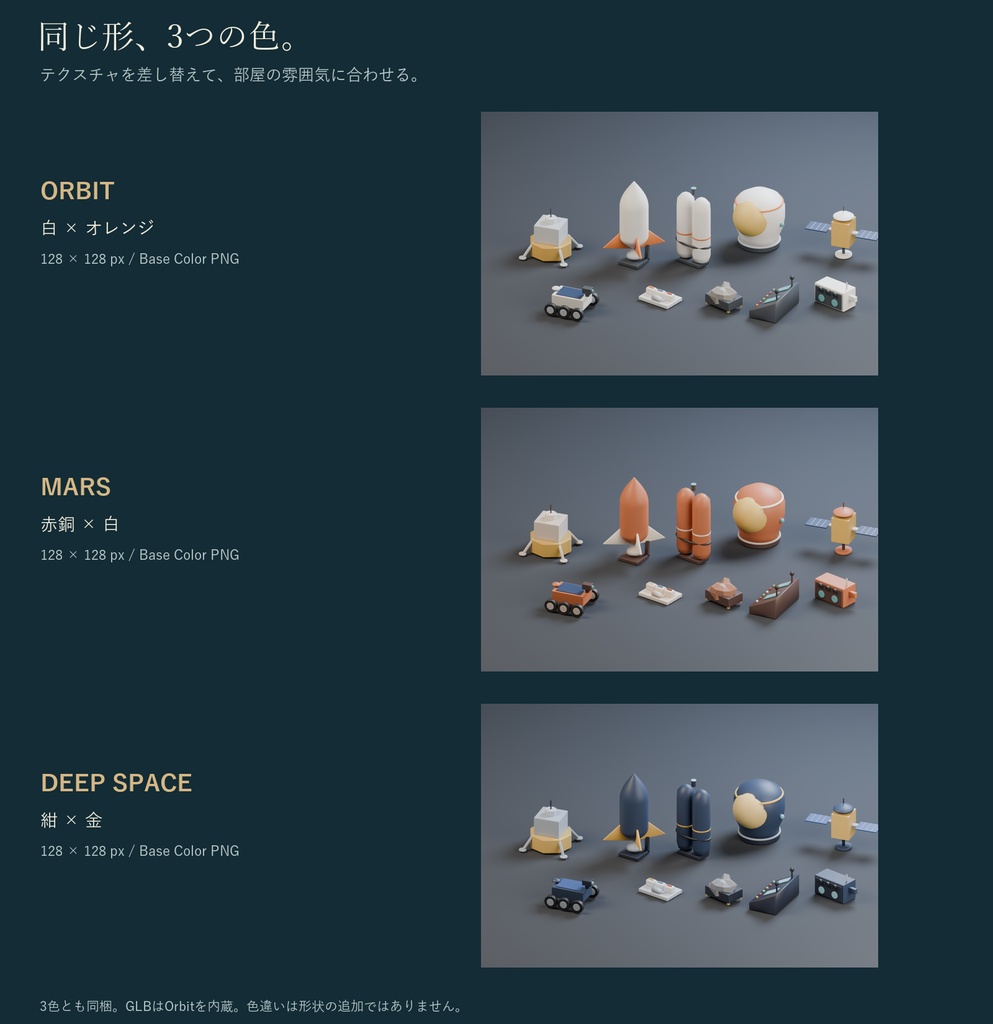 宇宙基地の小物セット|人工衛星・月面探査車・宇宙食 3Dモデル10種・3色|VRChat ワールド向け