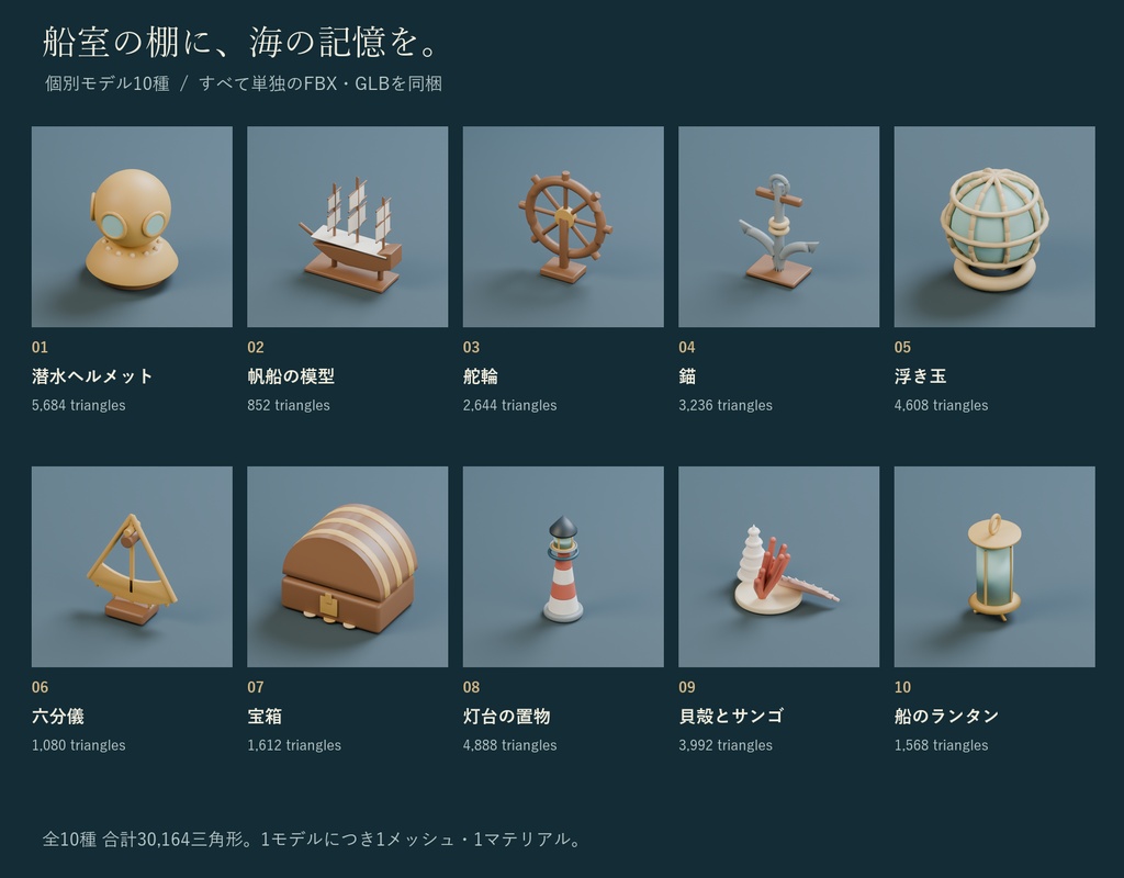 深海と航海の小物セット|潜水ヘルメット・舵輪・浮き玉 3Dモデル10種・3色|VRChat ワールド向け