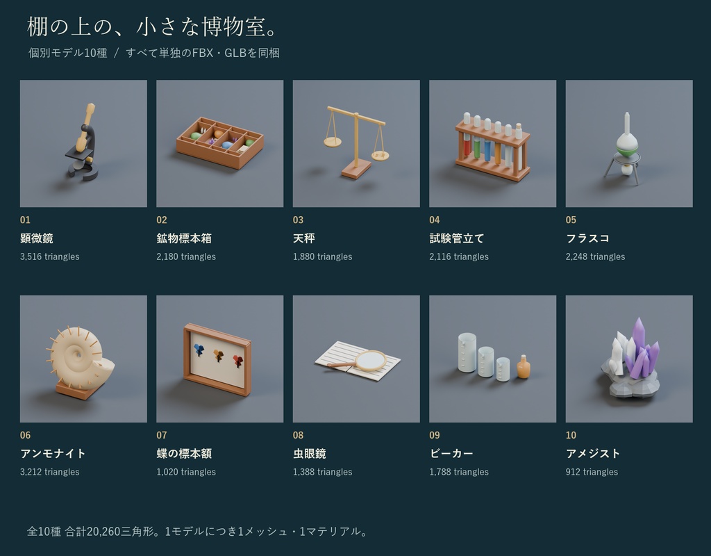 理科室の標本と実験器具セット|鉱物標本・顕微鏡 3Dモデル10種・3色|VRChat ワールド向け