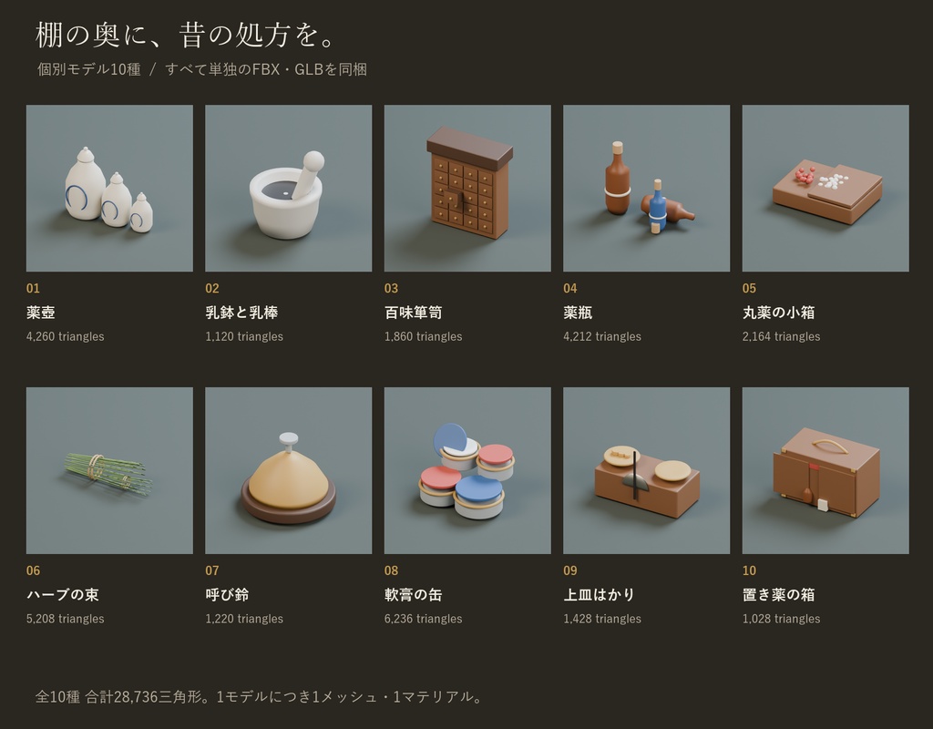 レトロ薬局の小物セット|薬壺・百味箪笥・乳鉢 3Dモデル10種・3色|VRChat ワールド向け