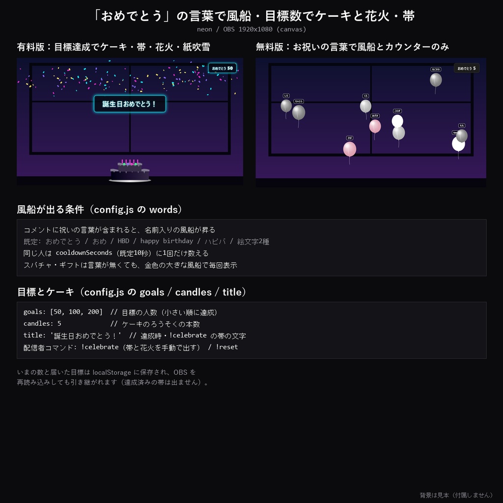 【わんコメテンプレート】お祝いコメント演出 10デザイン|「おめでとう」で名前入り風船・目標数でケーキと花火【誕生日/記念配信/OBS】