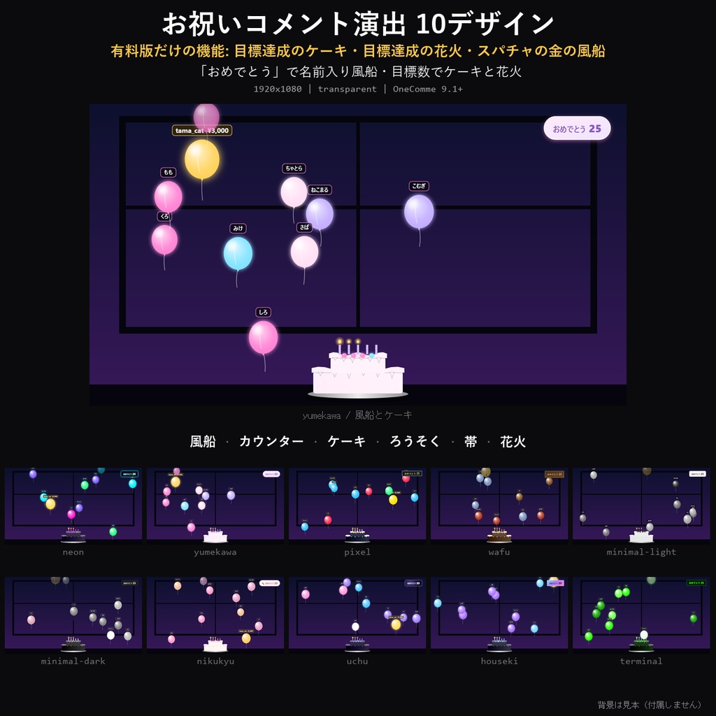 【わんコメテンプレート】お祝いコメント演出 10デザイン|「おめでとう」で名前入り風船・目標数でケーキと花火【誕生日/記念配信/OBS】