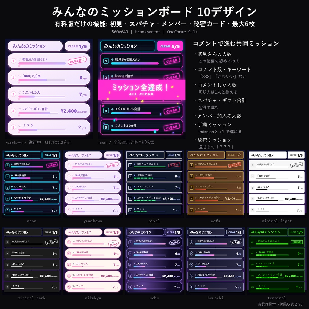 【わんコメテンプレート】みんなのミッションボード 10デザイン｜初見さん・コメント・スパチャ・キーワードで進む共同ミッション・秘密ミッション付き【OBS/視聴者参加】