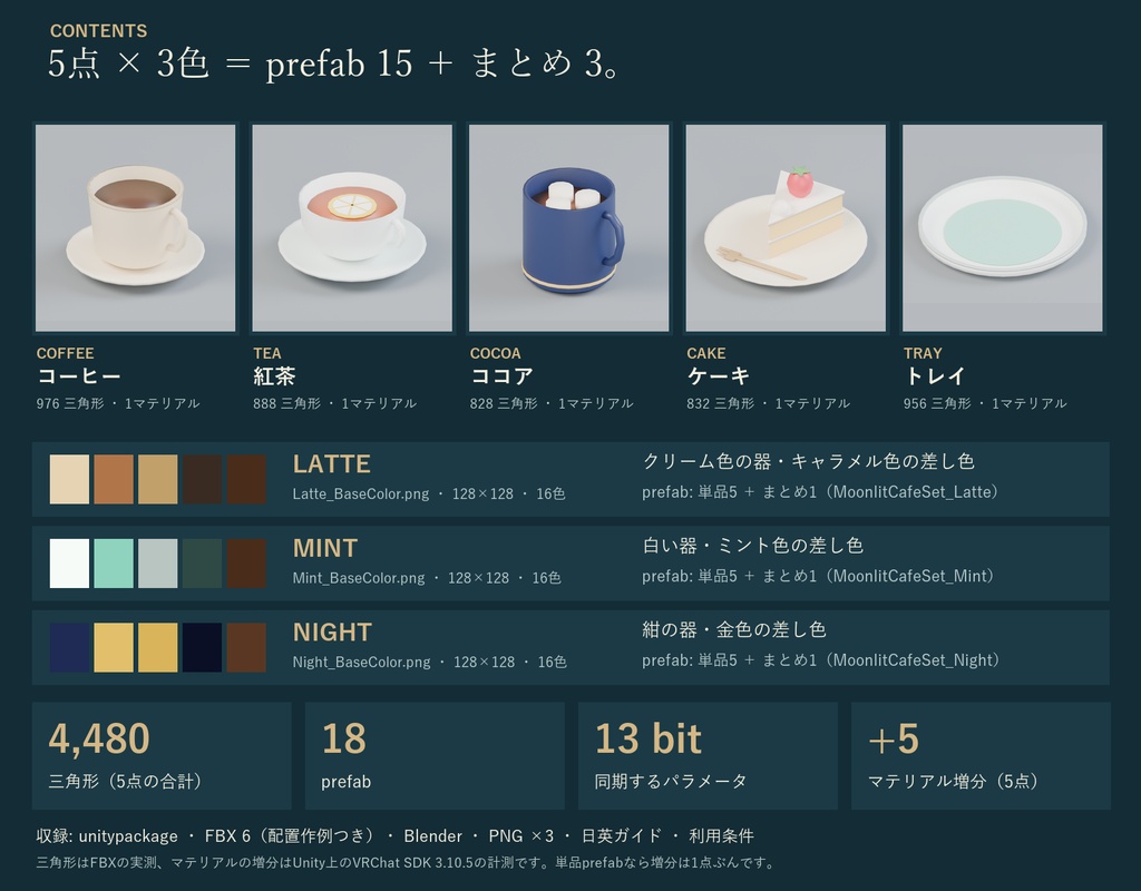 手持ち喫茶セット|コーヒー・紅茶・ココア・ケーキ 量が減るドリンク・メニュー出し入れ|Modular Avatar 対応 VRChat
