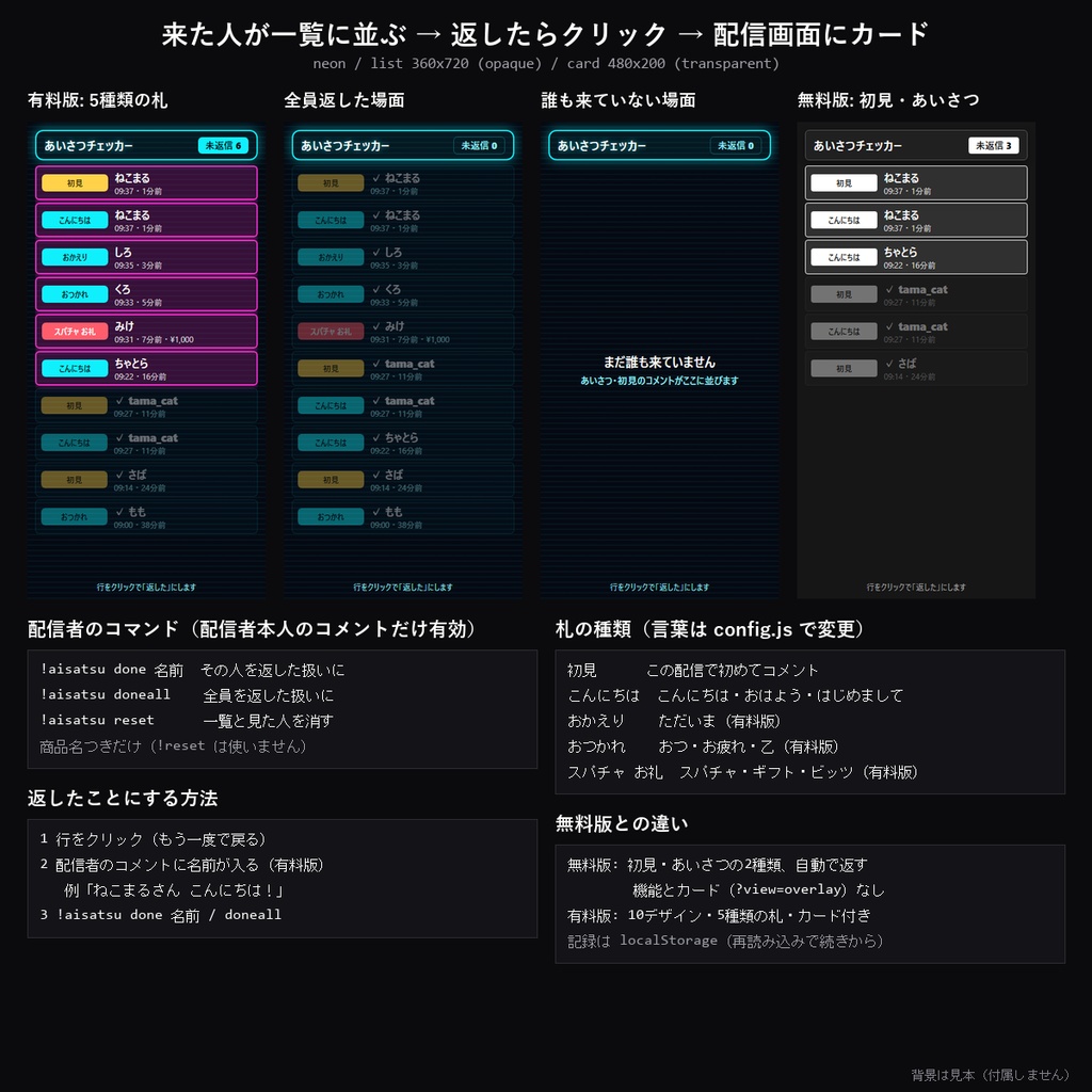 【わんコメテンプレート】あいさつチェッカー 10デザイン｜初見・こんにちは・おかえりの返し忘れ防止・いらっしゃいカード付き【OBS/雑談配信】