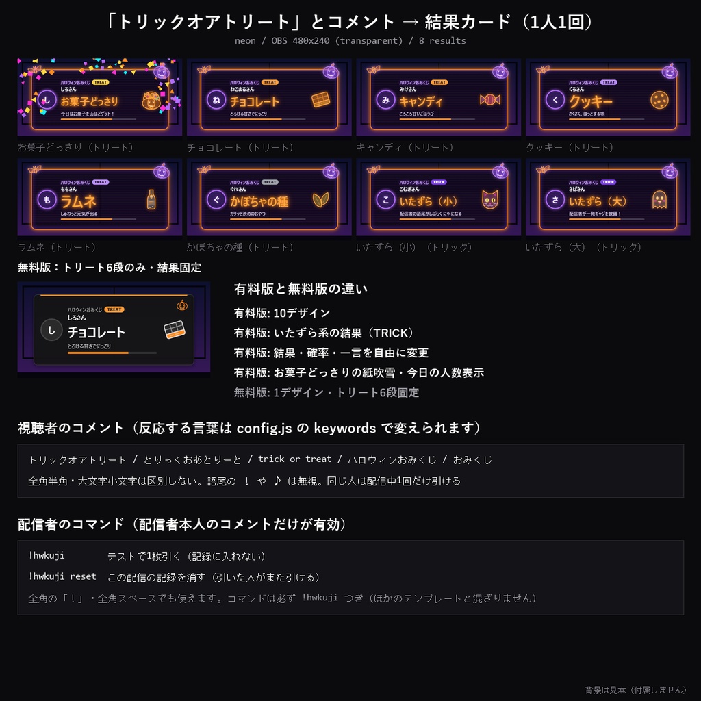 【ハロウィン わんコメテンプレート】ハロウィンおみくじ 10デザイン|トリックオアトリートでお菓子かいたずら・1人1回・結果と確率を自由に【OBS/仮装配信】