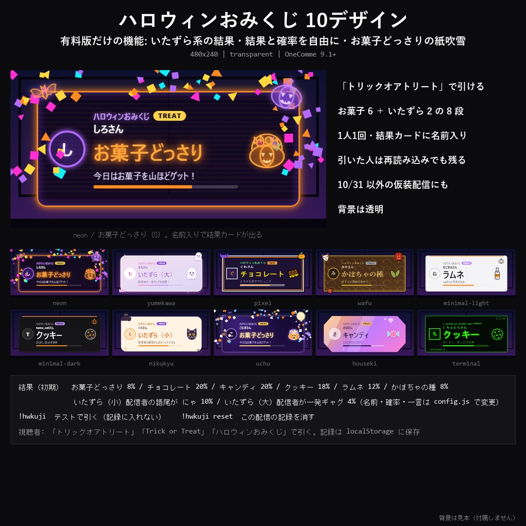 【ハロウィン わんコメテンプレート】ハロウィンおみくじ 10デザイン｜トリックオアトリートでお菓子かいたずら・1人1回・結果と確率を自由に【OBS/仮装配信】