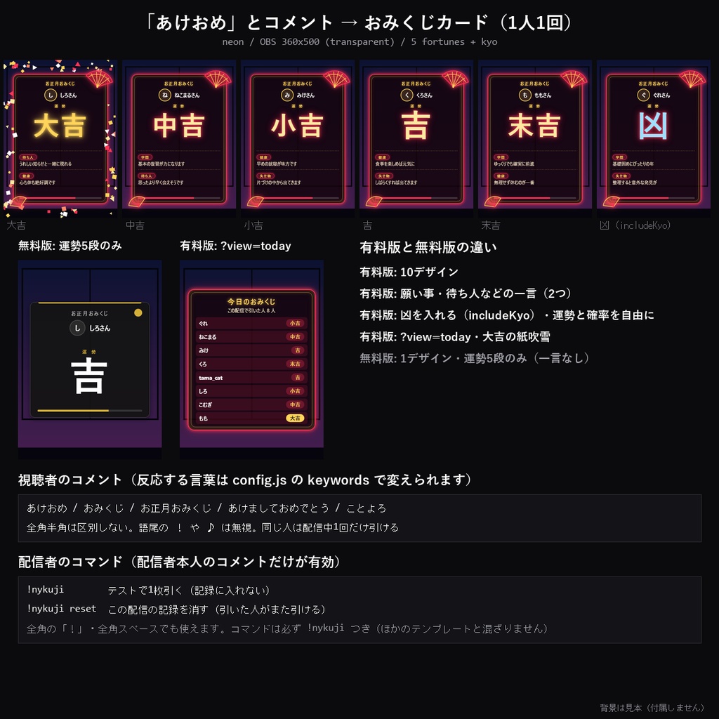 【お正月 わんコメテンプレート】お正月おみくじ 10デザイン|「あけおめ」で本格おみくじ・運勢と願い事などの一言・1人1回【OBS/初配信】