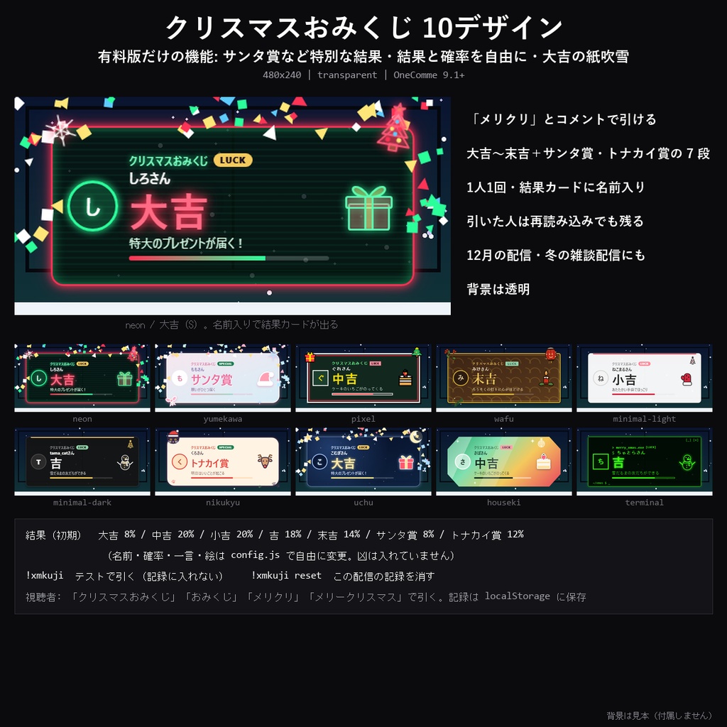 【クリスマス わんコメテンプレート】クリスマスおみくじ 10デザイン|「メリクリ」でクリスマスの運勢・1人1回・結果と確率を自由に【OBS/クリスマス配信】