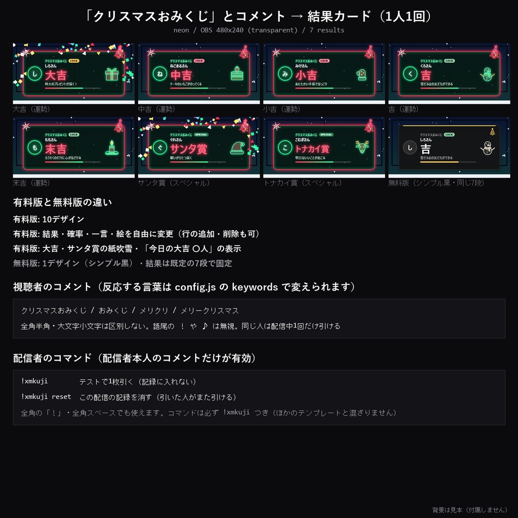 【クリスマス わんコメテンプレート】クリスマスおみくじ 10デザイン|「メリクリ」でクリスマスの運勢・1人1回・結果と確率を自由に【OBS/クリスマス配信】