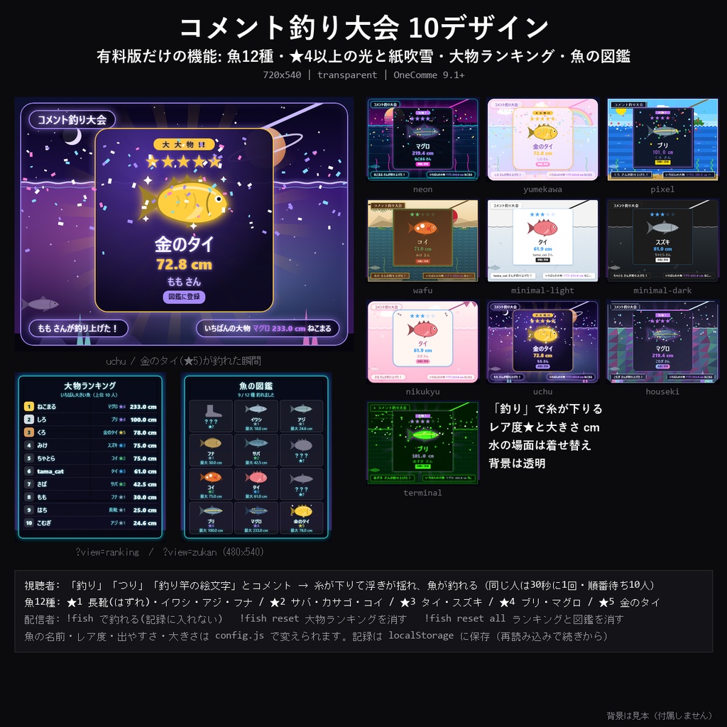 【わんコメテンプレート】コメント釣り大会 10デザイン|「釣り」で魚が釣れる・レア度と大きさ・大物ランキングと図鑑【OBS/視聴者参加】