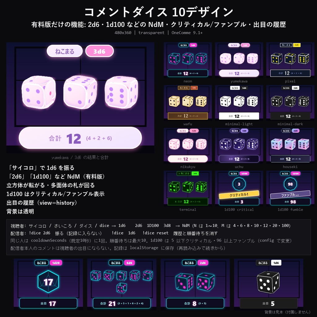 【わんコメテンプレート】コメントダイス 10デザイン|「サイコロ」「2d6」「1d100」でダイスが転がる・クリティカル/ファンブル表示【OBS/TRPG配信】