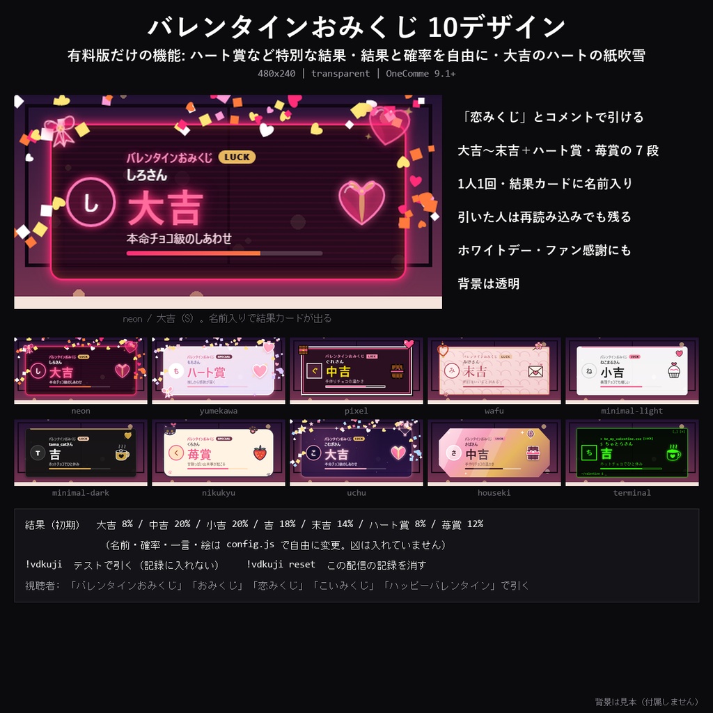 【バレンタイン わんコメテンプレート】バレンタインおみくじ 10デザイン｜「恋みくじ」でチョコの運勢・1人1回・結果と確率を自由に【OBS/バレンタイン配信】