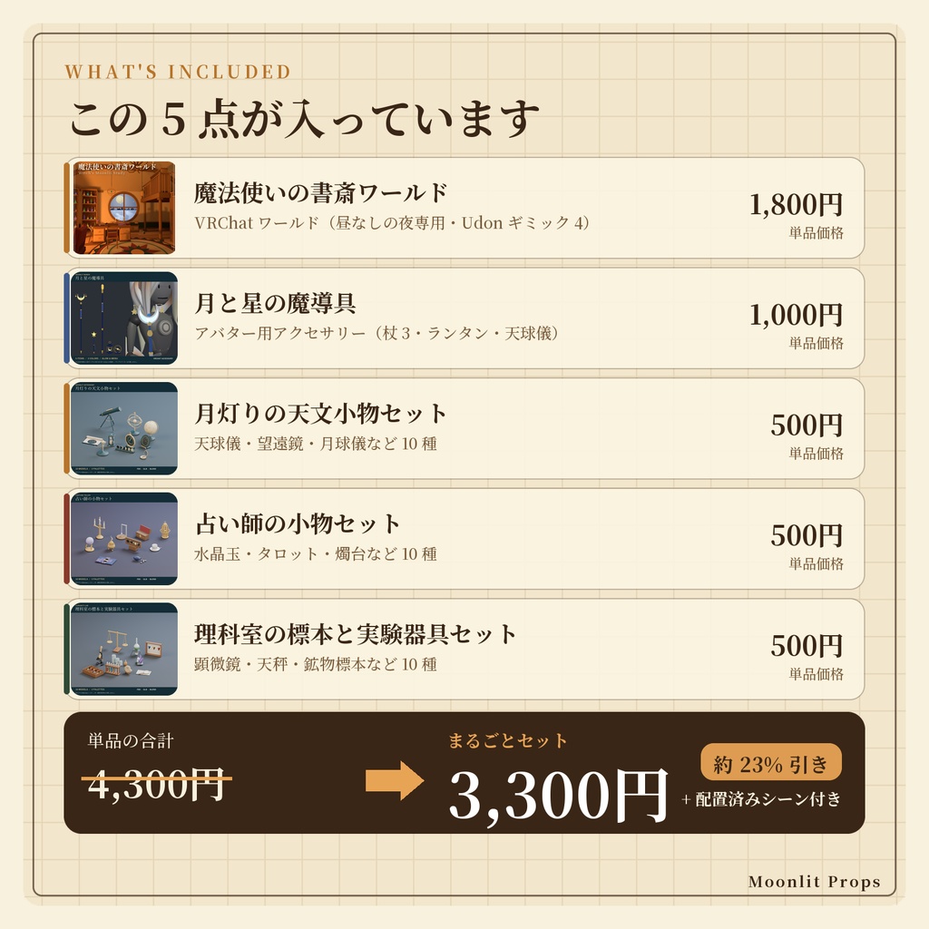 魔法使いの書斎 まるごとセット|ワールド+魔導具+天文・占い・実験の小物 配置済みシーン付き|VRChat ワールド素材 ファンタジー