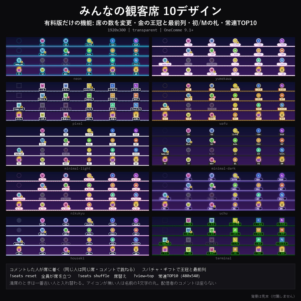 【わんコメテンプレート】みんなの観客席 10デザイン|コメントした人がアイコンで着席・スパチャで王冠と最前列・画面下に置くだけ【OBS/視聴者参加】