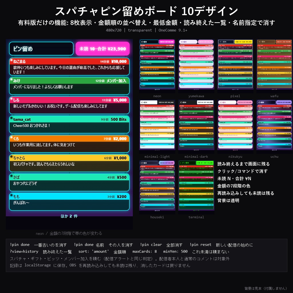 【わんコメテンプレート】スパチャピン留めボード 10デザイン|スパチャ・ギフト・メンバー加入を読み終えるまで画面に残す・クリックで消す・未読と合計【OBS/VTuber】