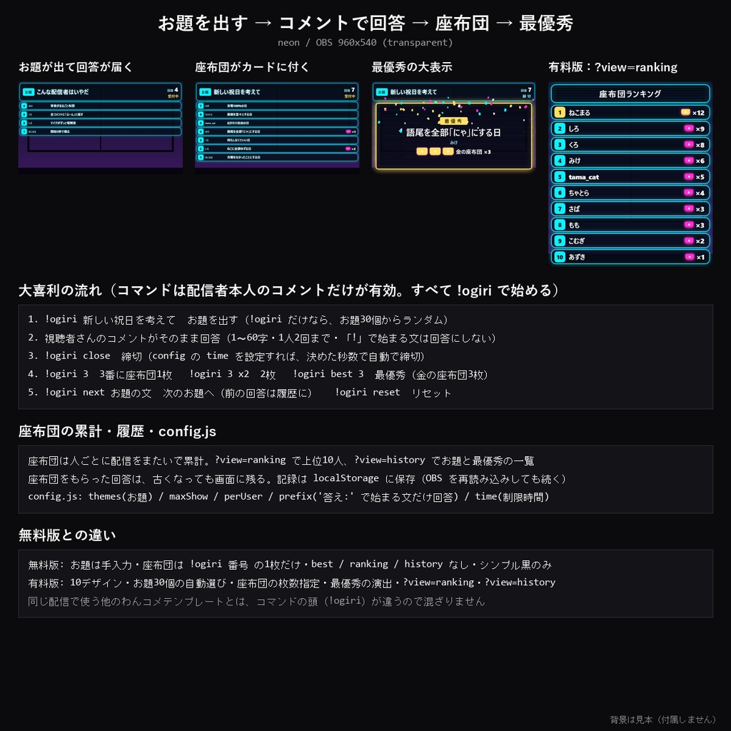 【わんコメテンプレート】コメント大喜利 10デザイン|お題を出してコメントで回答・座布団と最優秀の演出・座布団ランキング【OBS/雑談配信】