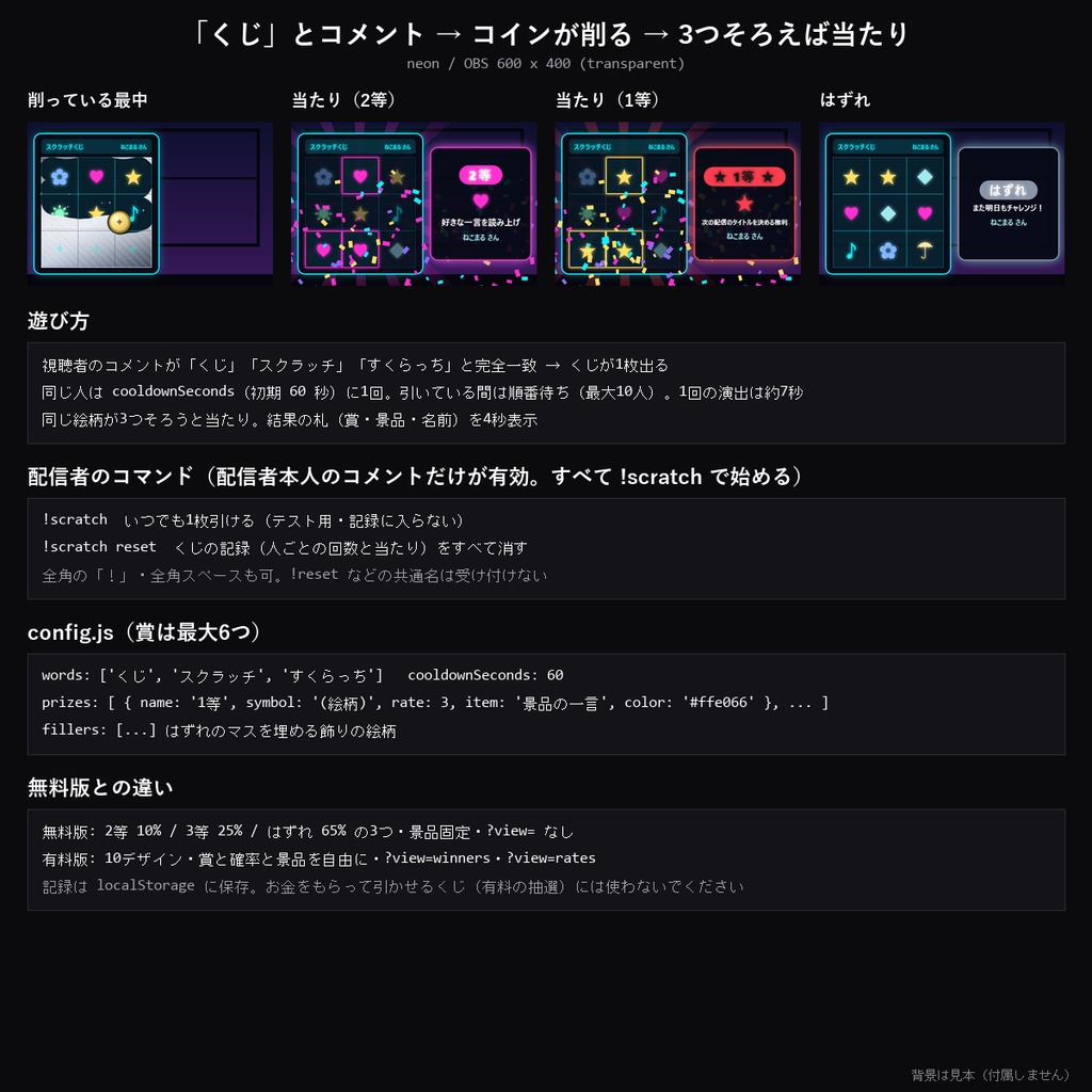 【わんコメテンプレート】コメントスクラッチくじ 10デザイン|「くじ」でコインが削る・3つそろえば当たり・賞と確率を自由に・当たった人の一覧【OBS/視聴者参加】