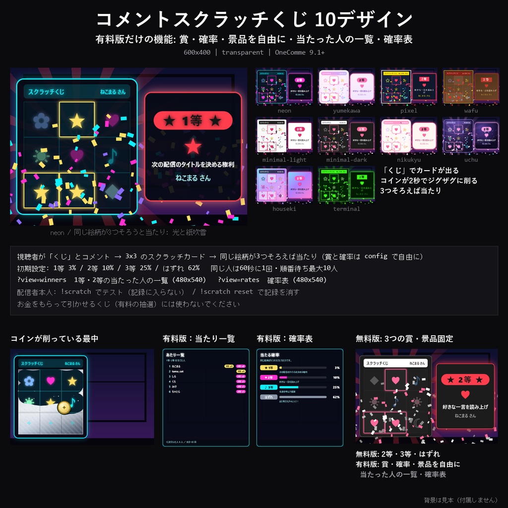 【わんコメテンプレート】コメントスクラッチくじ 10デザイン|「くじ」でコインが削る・3つそろえば当たり・賞と確率を自由に・当たった人の一覧【OBS/視聴者参加】