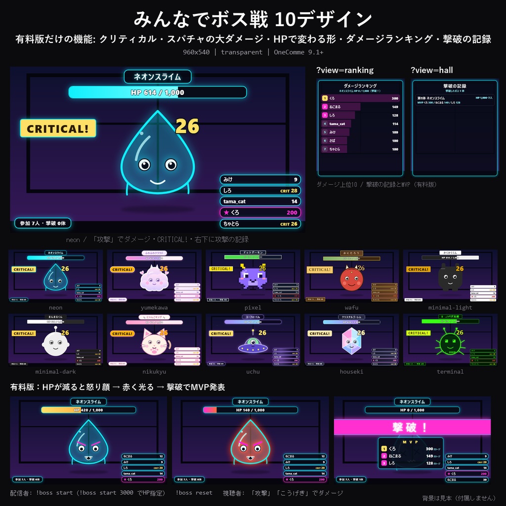 【わんコメテンプレート】みんなでボス戦 10デザイン｜「攻撃」コメントでダメージ・スパチャで大ダメージ・撃破でMVP発表【OBS/視聴者参加】