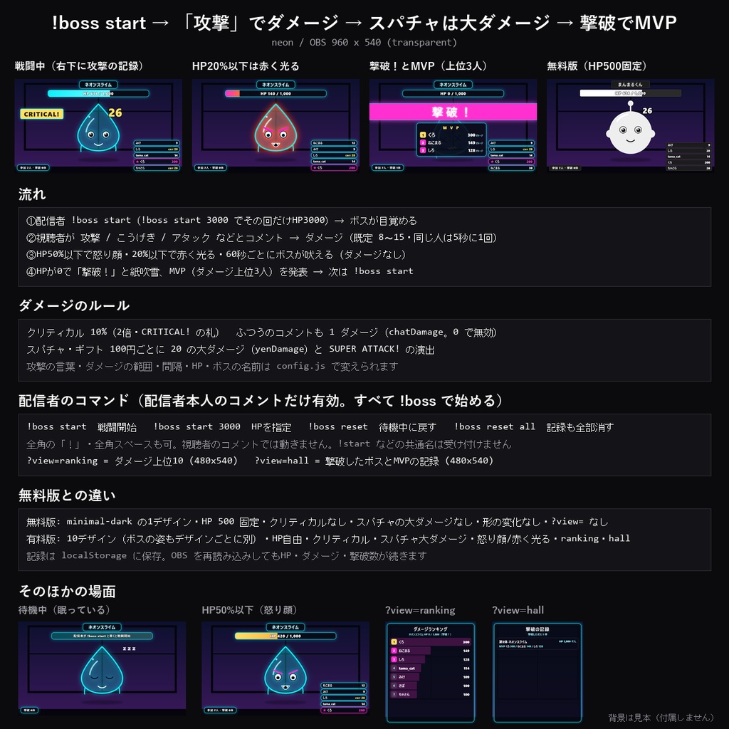 【わんコメテンプレート】みんなでボス戦 10デザイン|「攻撃」コメントでダメージ・スパチャで大ダメージ・撃破でMVP発表【OBS/視聴者参加】