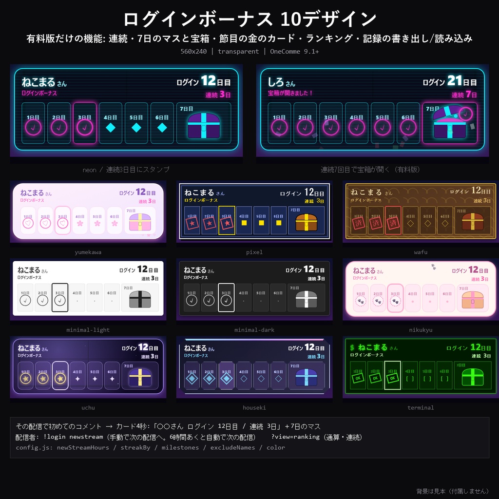 【わんコメテンプレート】ログインボーナス 10デザイン｜その配信で初めてのコメントでログボのカード・通算と連続・7日目の宝箱・常連ランキング【OBS/出席】