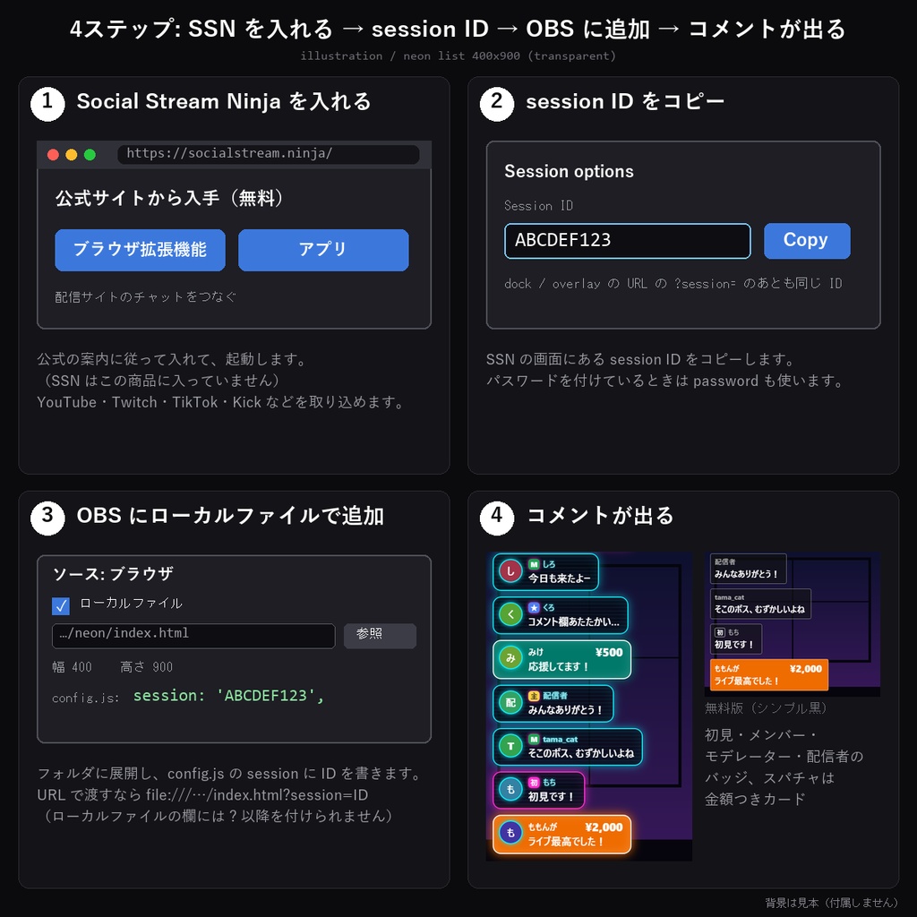 【Social Stream Ninja】おそろいコメント欄 10デザイン|YouTube・Twitch・TikTok・Kick 対応・横/1行/縦型【OBS/SSN/コメントCSS】