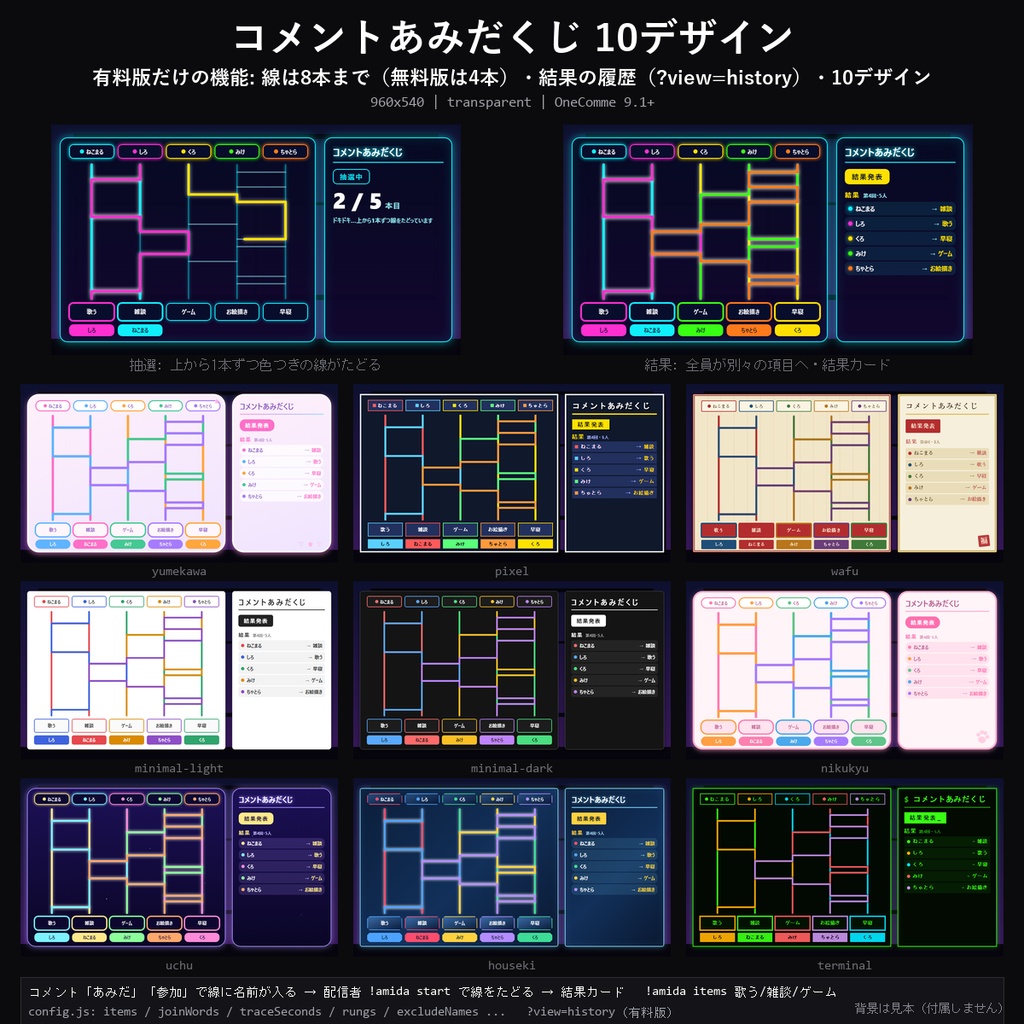 【わんコメテンプレート】コメントあみだくじ 10デザイン｜コメントで参加・線をたどる演出・結果カード・履歴【OBS/視聴者参加/配信企画】