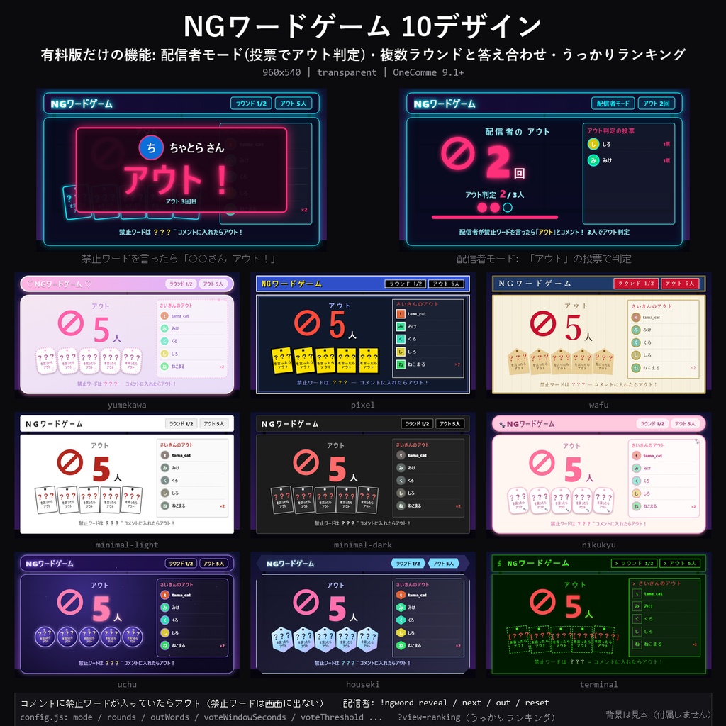 【わんコメテンプレート】NGワードゲーム 10デザイン|禁止ワードを言ったらアウト・リスナー/配信者の2モード・アウト判定の投票・うっかりランキング【OBS/視聴者参加】