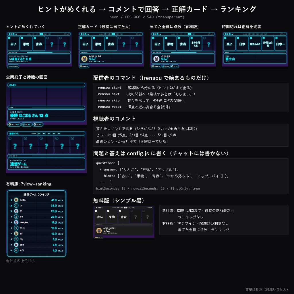 【わんコメテンプレート】コメント連想ゲーム 10デザイン|ヒントが1つずつ出る・コメントで回答・早く当てるほど高得点・ランキング【OBS/視聴者参加/クイズ】