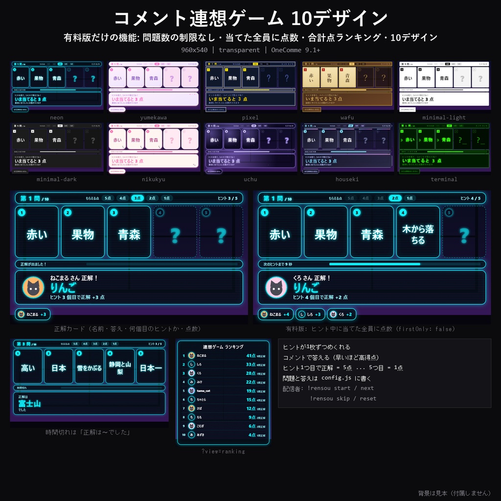 【わんコメテンプレート】コメント連想ゲーム 10デザイン｜ヒントが1つずつ出る・コメントで回答・早く当てるほど高得点・ランキング【OBS/視聴者参加/クイズ】