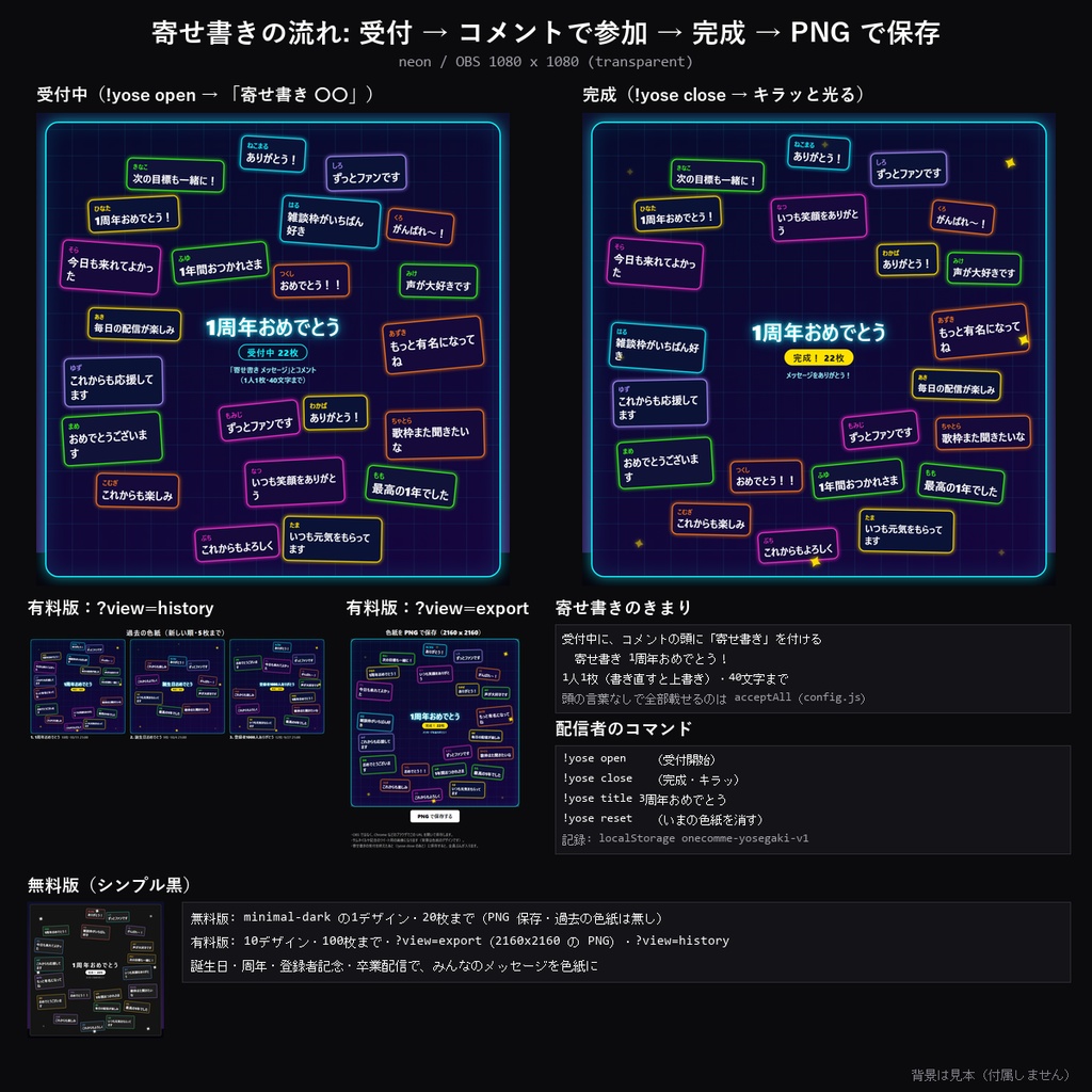 【わんコメテンプレート】コメント寄せ書き 10デザイン|コメントが色紙の寄せ書きに・周年/誕生日/卒業配信・PNGで保存【OBS/記念配信】