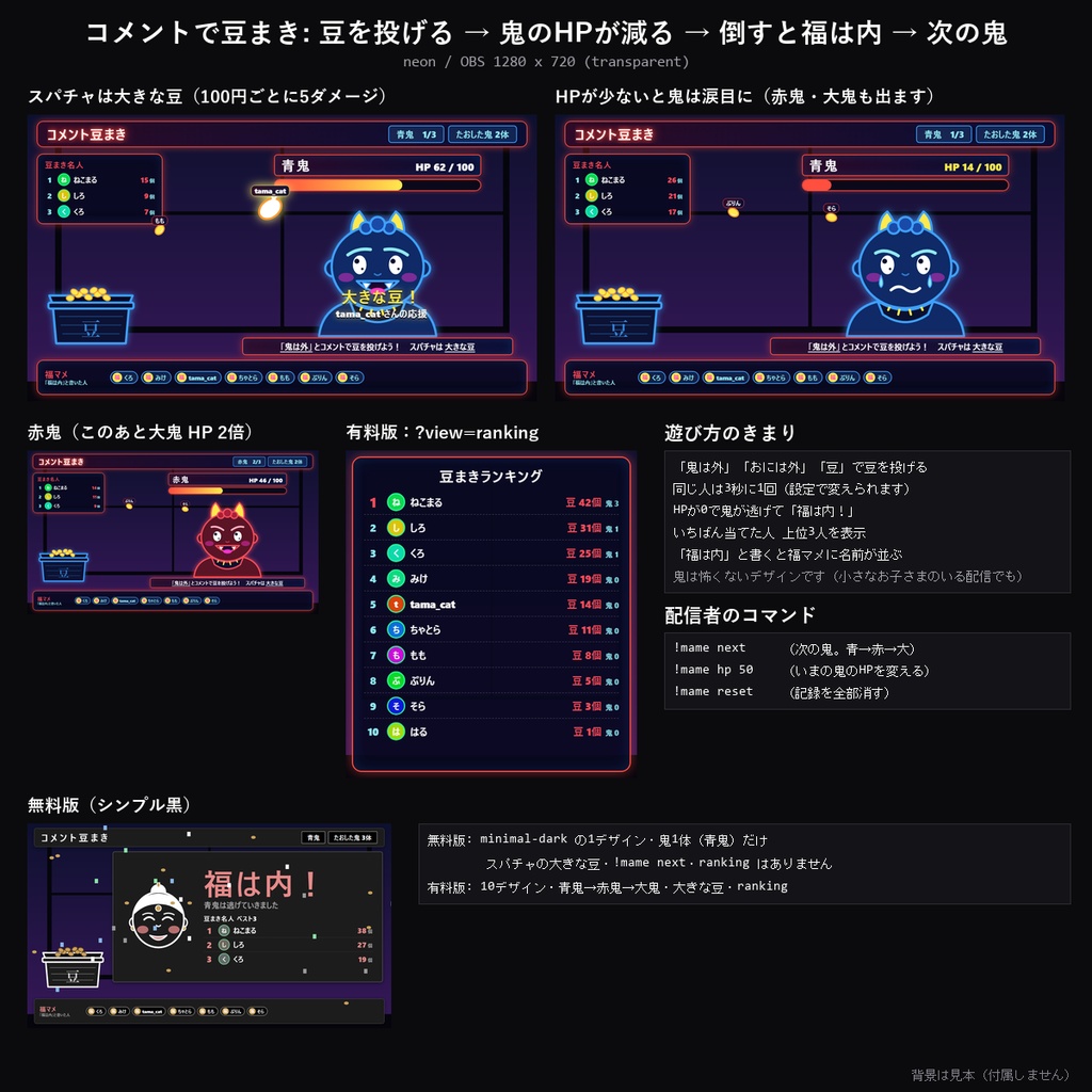 【節分 わんコメテンプレート】コメント豆まき 10デザイン|「鬼は外」で豆を投げて鬼を倒す・スパチャで大きな豆・福は内・ランキング【OBS/節分配信】