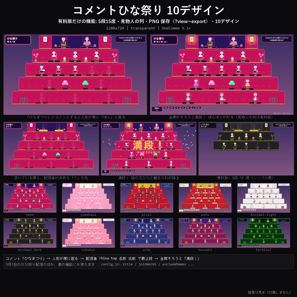 【ひな祭り わんコメテンプレート】コメントひな祭り 10デザイン｜コメントでひな人形になって段飾りに座る・満段の演出・PNGで保存【OBS/ひな祭り配信】