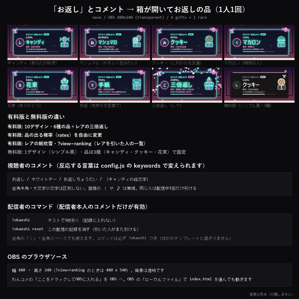 【ホワイトデー わんコメテンプレート】ホワイトデーお返しみくじ 10デザイン|「お返し」でキャンディ・マシュマロ・マカロン…と意味が出る・レアの三倍返し【OBS/ホワイトデー配信】