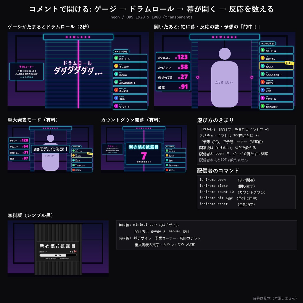 【わんコメテンプレート】お披露目カーテン 10デザイン|コメントで開幕ゲージ・ドラムロールで幕が開く・予想コーナー・かわいいカウント・重大発表にも【OBS/新衣装お披露目】