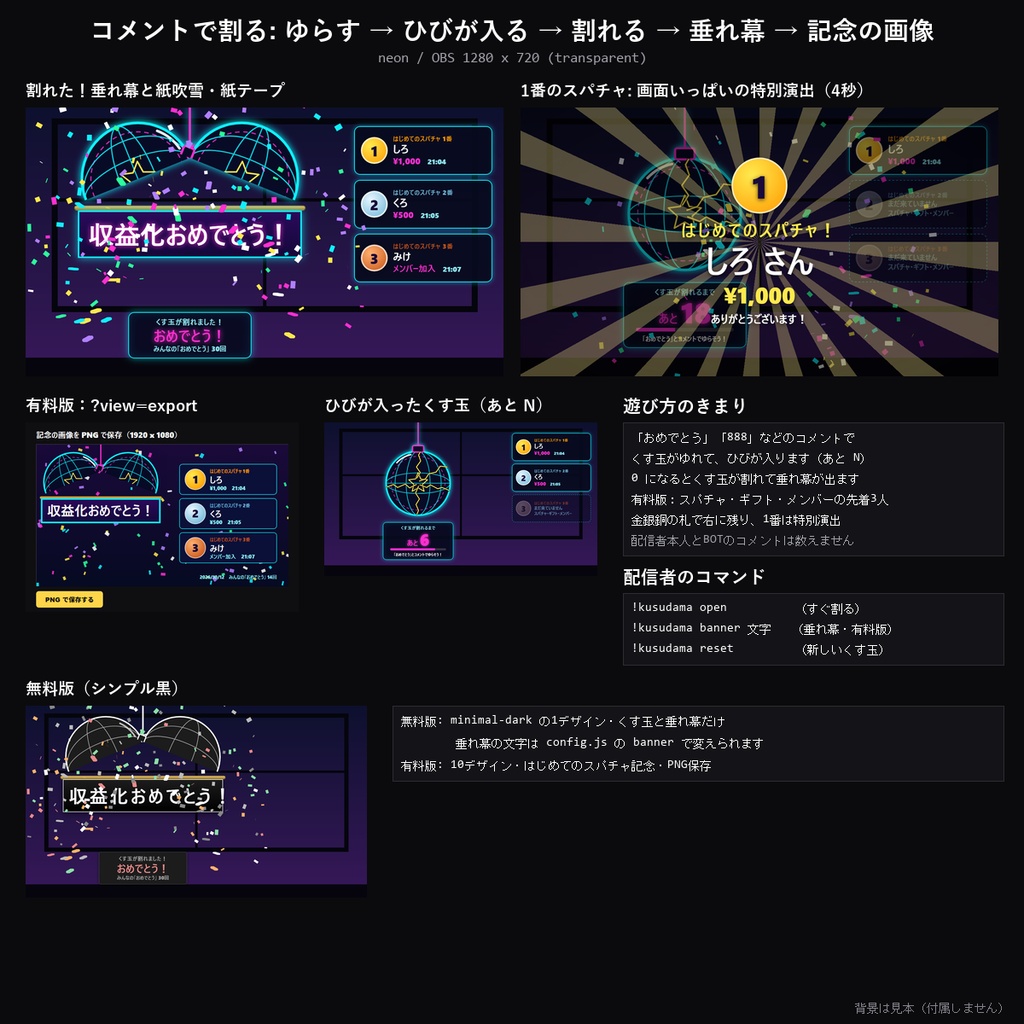 【わんコメテンプレート】収益化記念くす玉 10デザイン|「おめでとう」でくす玉が割れて垂れ幕・はじめてのスパチャ記念の札・PNGで保存【OBS/収益化記念配信】