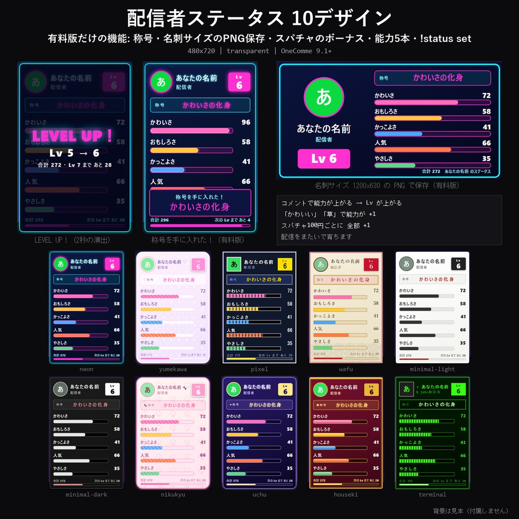 【わんコメテンプレート】配信者ステータス 10デザイン｜コメントで「かわいさ」「おもしろさ」が上がるRPG風ステータス・レベルアップ・称号・PNGで保存【OBS/自己紹介配信】