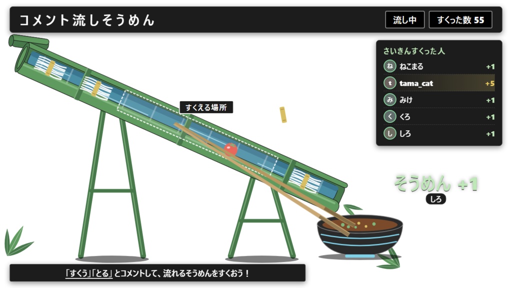 【無料】コメント流しそうめん シンプル黒【夏 わんコメテンプレート/OBS】