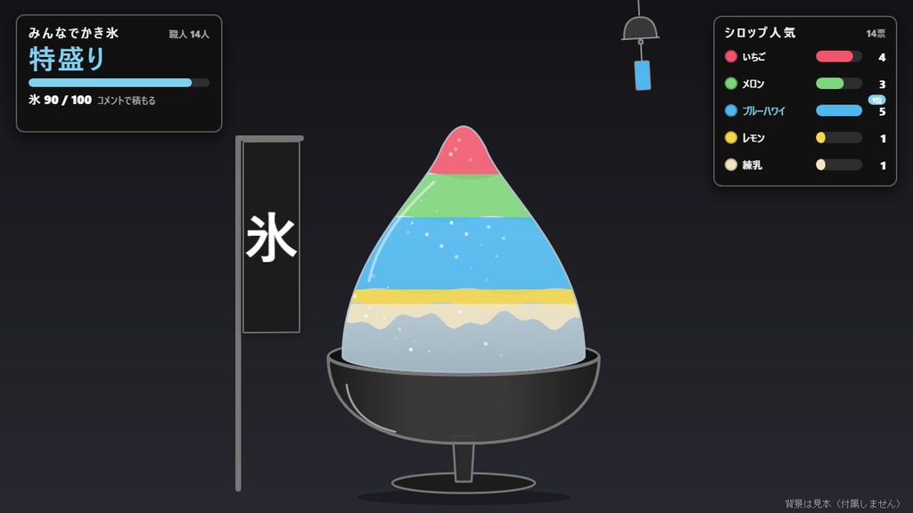 【無料】みんなでかき氷 シンプル黒（3つの味）【夏 わんコメテンプレート/OBS】
