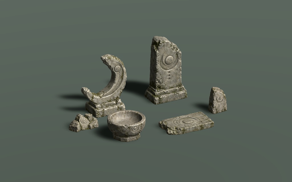 【Unity / FBX / GLB】月の遺構|苔むした石造小物6点セット