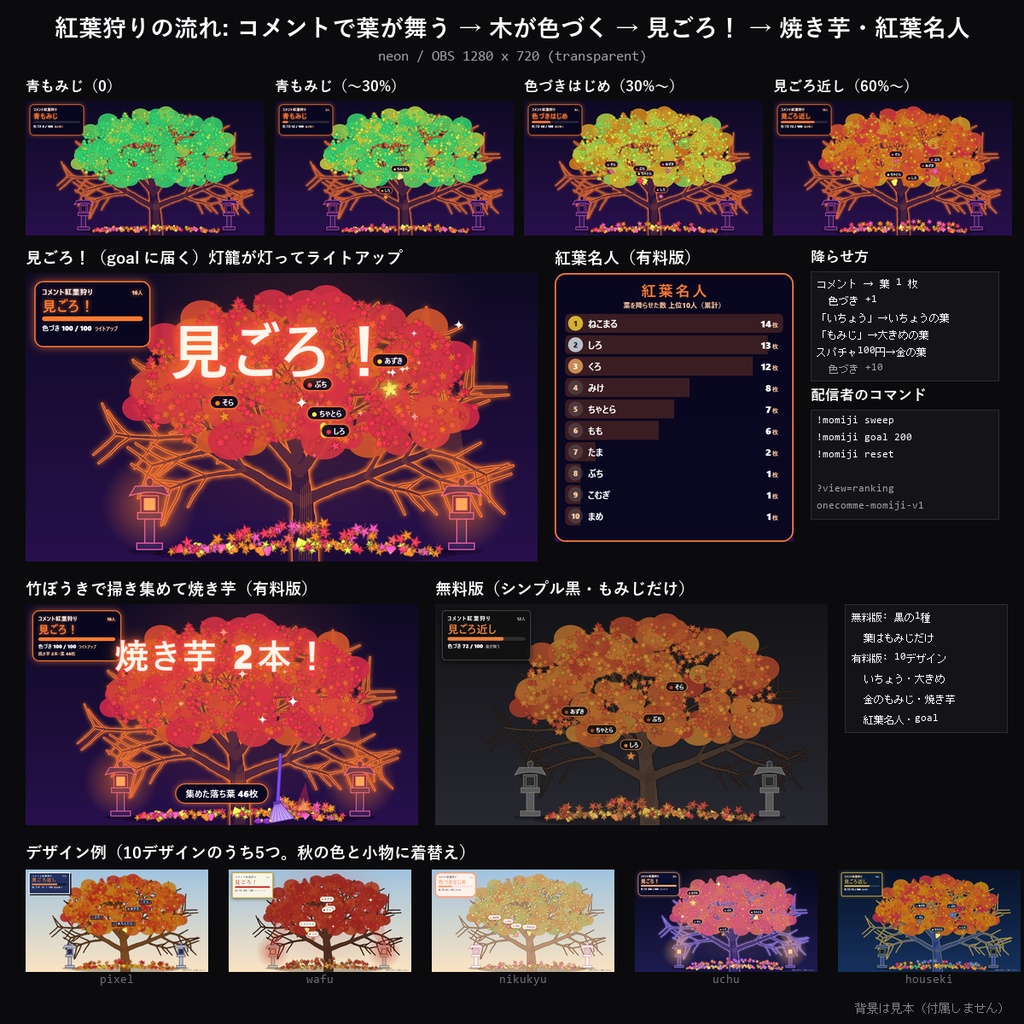 【秋 わんコメテンプレート】コメント紅葉狩り 10デザイン|コメントで葉が舞い落ちて木が色づく・見ごろでライトアップ・落ち葉で焼き芋【OBS/秋の配信】