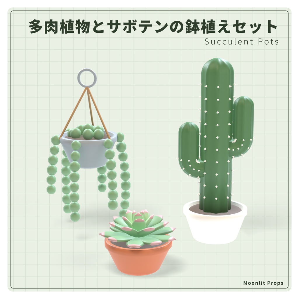 多肉植物とサボテンの鉢植えセット｜エケベリア・柱サボテン・グリーンネックレス 3Dモデル10種・3色｜VRChat ワールド向け インテリア