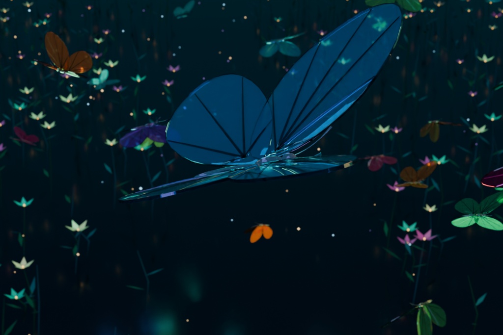 色ガラスの蝶が舞うオーロラの花畑|Blender アニメーションシーン「MURE」